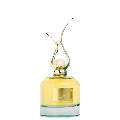 Frasco de perfume Lattafa com tampa em formato de flor, em tons de amarelo e verde, com rótulo dourado destacando o nome da marca.