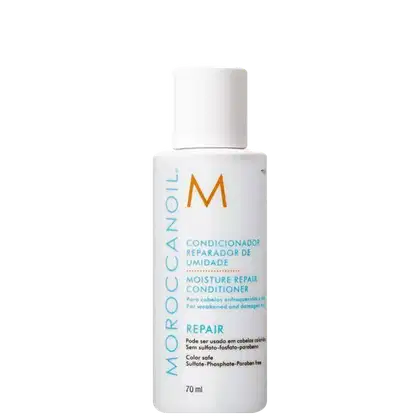 Frasco branco de 70 ml do condicionador reparador de umidade da marca Moroccanoil, com rótulo em cores azul e laranja indicando o nome do produto e suas propriedades.