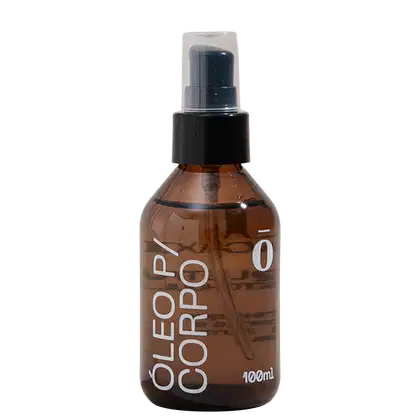 Frasco de spray de 100 ml com rótulo em preto e branco contendo a inscrição "Óleo para Corpo" em destaque.