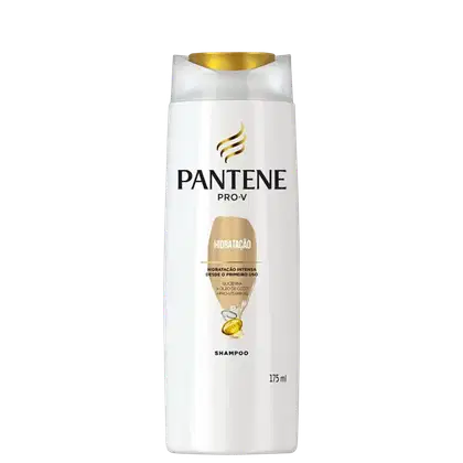 Frasco branco de shampoo Pantene Pro-V com rótulo dourado e preto, destacando a hidratação intensa desde o primeiro uso e contendo 175 ml do produto.