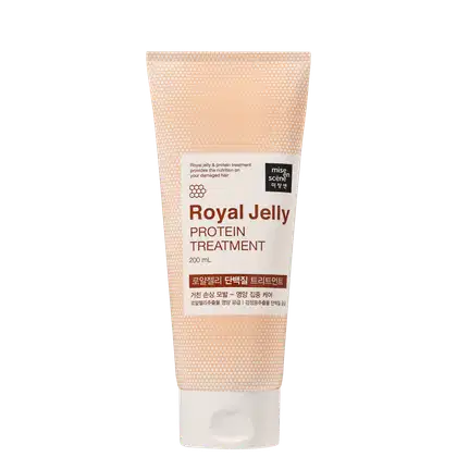 Tratamento de proteína de geleia real da marca Mise en Scene. O produto apresenta uma embalagem com textura de favo de mel e rótulo marrom e branco, destacando os benefícios do tratamento para cabelos danificados.