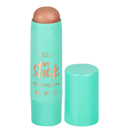 Bastão de maquiagem Vizzela Cosméticos Stick Shine&Glow, em embalagem cilíndrica na cor verde menta, com detalhes em laranja e estrelas impressas.