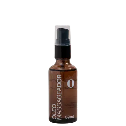 Frasco âmbar com bomba dosadora preta contendo óleo de massagem da marca Fito. Rótulo branco com o nome "Óleo Massageador"