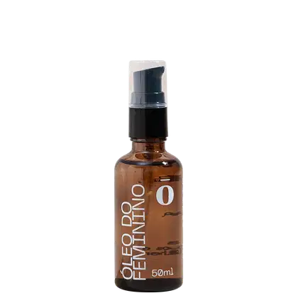 Frasco de vidro âmbar com bomba dosadora preta contendo óleo essencial da marca Fitō. Rótulo branco com texto "Óleo do Feminino" e "50ml" impresso.
