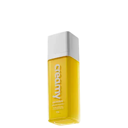 A imagem mostra um frasco retangular transparente de sérum facial cor amarelo e tampa branca.