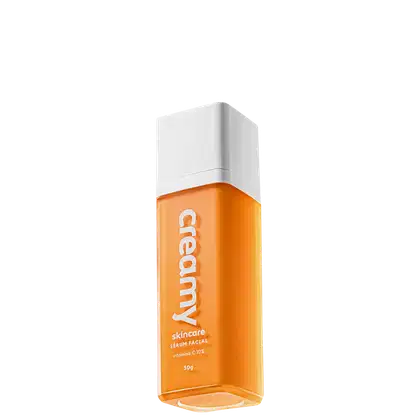 A imagem mostra um frasco retangular transparente de sérum cor laranja e tampa branca.