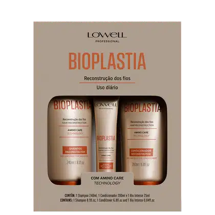 Conjunto de produtos Bioplastia da marca Lowell Professional, contendo shampoo reconstrutor de 240ml, condicionador reconstrutor de 200ml e máscara capilar de 25ml, com tecnologia Amino Care.