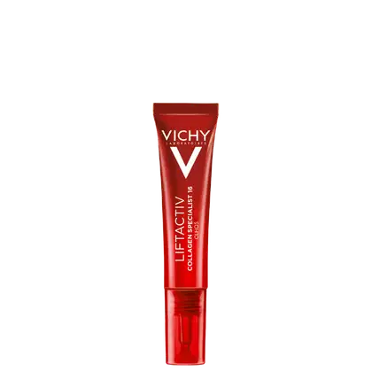 Tubo vermelho com o logotipo da Vichy e o texto "Liftactiv Collagen Specialist Olhos em letra branca.