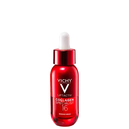 Frasco de sérum facial da marca Vichy, na cor vermelha, com rótulo destacando "Liftactiv Collagen Specialist 16" e "Bonding Serum". O produto apresenta um conta-gotas branco no topo.