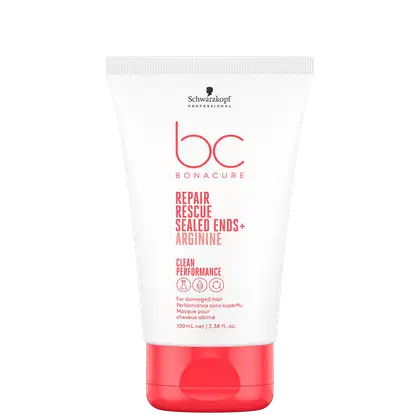 Tubo branco com tampa vermelha da linha Bonacure Repair Rescue da Schwarzkopf Professional, contendo o produto "Repair Rescue Sealed Ends + Arginine" para cabelos danificados, com informações sobre seu desempenho na embalagem.