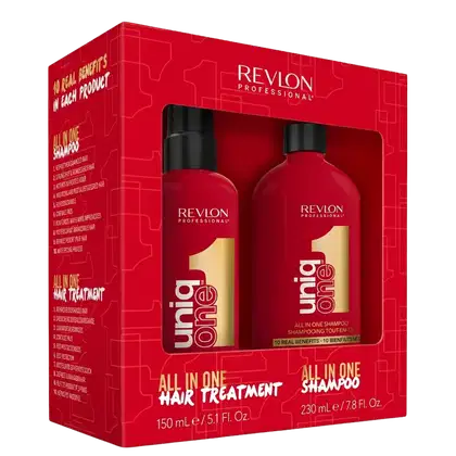Caixa vermelha com dois frascos de shampoo e tratamento capilar da marca Revlon Professional, com rótulos em vermelho e branco indicando "All in One Shampoo" e "All in One Hair Treatment".