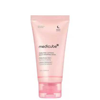 Bisnaga rosa translúcida Medicube PDRN Pink Caffeine Night Wrapping Mask, 75 ml, com tampa rosa transparente, símbolo de lua e texto "Night Care" no rótulo.