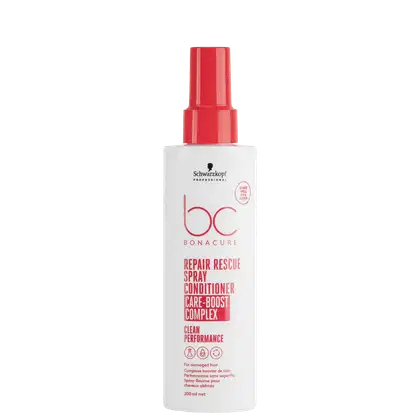 Frasco branco com rótulo da marca Schwarzkopf Professional BC Bonacure Repair Rescue, contendo um spray condicionador de 200ml