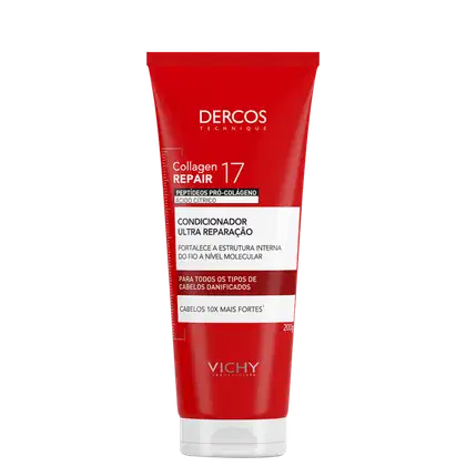 Tubo vermelho de condicionador da marca Dercos Technique, com rótulo indicando "Collagen Repair 17" e "Ultra Reparação". O produto promete fortalecer a estrutura interna dos cabelos danificados.