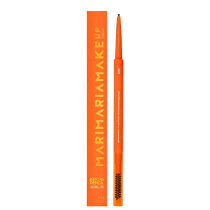 Lápis para sobrancelha Brow Pencil da Mari Maria Makeup em embalagem laranja com letras amarelas. Produto com ponta afiada e escova integrada, apresentado em caixa retangular laranja com 0,1g.