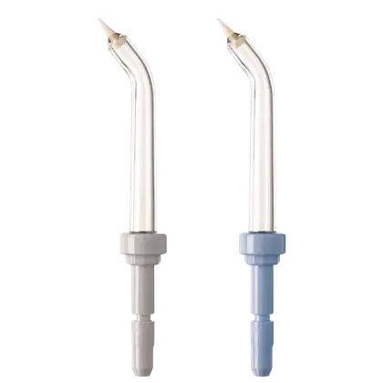 Dois irrigadores orais Waterpik com hastes longas e finas em cores cinza e azul, com bocais pontiagudos e conectores na base.