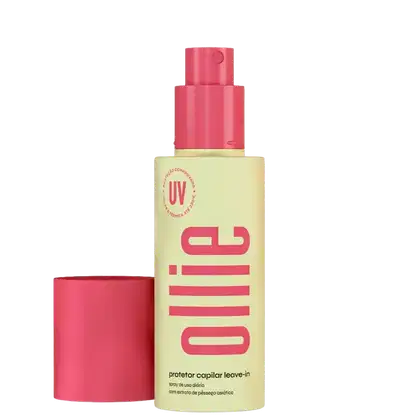 Frasco de spray de protetor capilar da marca Ollie, com embalagem amarela e rosa, contendo texto informativo sobre o produto e a indicação de proteção UV.