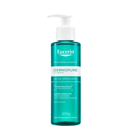 Frasco de gel de limpeza facial da marca Eucerin, com bomba doseadora, em tom verde-azulado, com rótulo destacando "Dermopure Clinical" e "Acido Salicilico pH Balanceado".