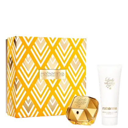 Caixa de presente dourada com padrão geométrico, contendo um frasco de perfume Lady Million da Rabanne e um tubo de loção corporal da mesma marca.