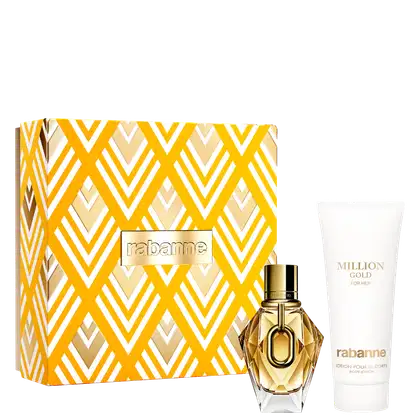 Conjunto de produtos de beleza da marca Rabanne, incluindo um frasco de perfume dourado com detalhes em relevo e uma caixa com padrão geométrico em tons de amarelo, acompanhado de um tubo de loção corporal.