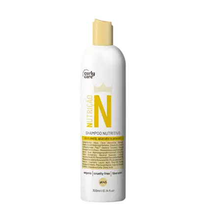 Shampoo nutritivo em frasco plástico branco de 300ml. Rótulo com texto "Nutricao N" em letras amarelas e coroa estilizada acima. Descrição dos ingredientes como avelã, abacate e pracaxi. Indica ser vegano, livre de crueldade e liberado. Detalha pH 4,5.