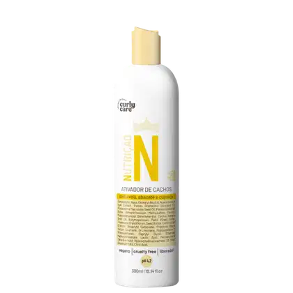 Ativador de cachos Curly Care N, embalagem plástica branca de 300ml. Rótulo com letras grandes amarelas "N" e texto em português descrevendo os ingredientes.