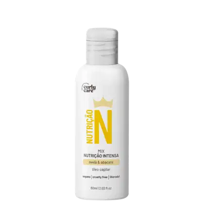 Produto de cuidados capilares Nutricao N da marca Curly Care. Frasco plástico branco opaco com tampa da mesma cor. Rótulo frontal com texto em amarelo e preto, destacando "Nutricao N" e "Mix Nutricao Intensa avela & abacate".