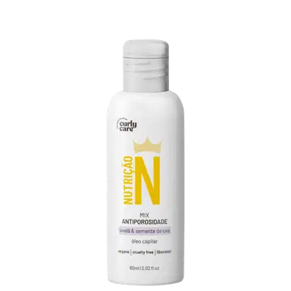 Produto de cuidado capilar Curly Care, embalagem plástica branca opaca com tampa. Rótulo frontal com coroa amarela e texto "Nutrição" em letras grandes. Descrição em português "Mix Antiporosidade aveia & semente de uva, óleo capilar".