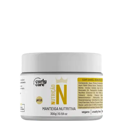 Produto de tratamento capilar da linha Curly Care. Embalagem plástica branca opaca na forma de um pote redondo com tampa. Informações adicionais sobre os ingredientes e volume (300g/10,58oz) estão listadas abaixo. I