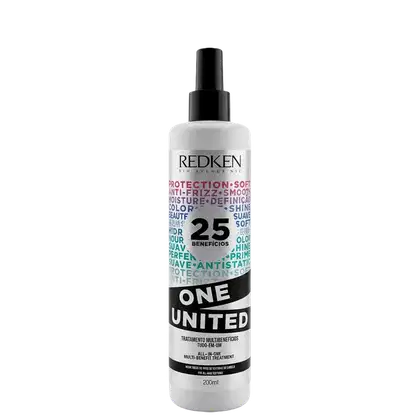 Frasco branco e preto da linha One United da Redken, um tratamento multifuncional com 25 benefícios para os cabelos, incluindo proteção, suavidade e brilho.