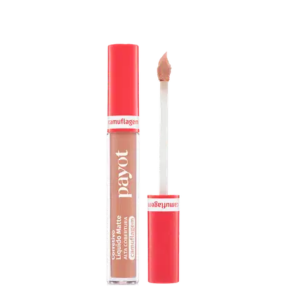 Frasco de maquiagem em tom rosado da marca Payot, com rótulo vermelho e texto "Camuflagem" em destaque, contendo um aplicador para aplicação do produto.