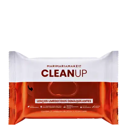 Pacote de lenços umedecidos demaquilantes da marca Mari Maria Makeup, com 25 unidades de 20 cm x 15 cm cada. A embalagem é predominantemente branca e laranja, com o nome do produto "CLEAN UP" em destaque.