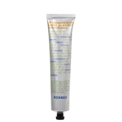 Tubo de bálsamo pós-barba refrescante da marca Korres, com embalagem branca e azul, contendo informações sobre os benefícios do produto para a pele sensível.