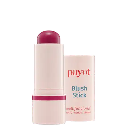 Bastão de blush rosa da marca Payot, com embalagem branca e vermelha, apresentando texto legível "Blush Stick" e "multifuncional" na parte frontal.