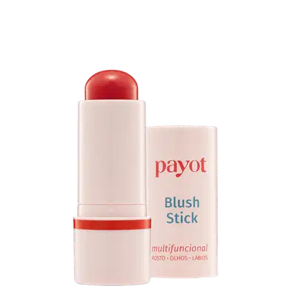 Bastão de blush rosa da marca Payot, com embalagem branca e vermelha, apresentando texto legível "Blush Stick" e "multifuncional" na parte frontal.