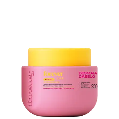Embalagem rosa com rótulo amarelo da máscara capilar Forever Liss, com informações sobre os ingredientes e benefícios para cabelos ressecados e desidratados.