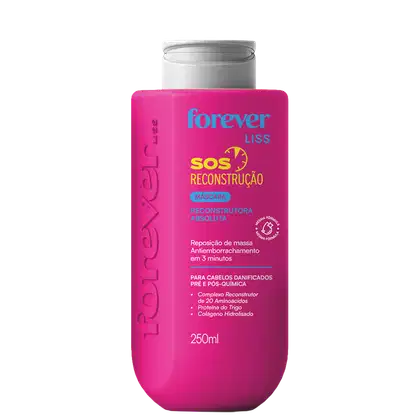 Frasco rosa de 250ml da máscara reconstrutora absoluta da linha SOS Reconstrução da Forever Liss, com informações sobre seus principais ingredientes e benefícios para cabelos danificados.