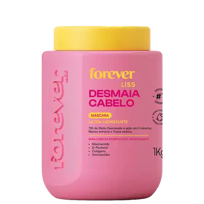 Embalagem rosa com rótulo amarelo da máscara ultra-hidratante Desmaia Cabelo da linha Forever Liss, contendo 1kg do produto. Destaca ingredientes como niacinamida, D-pantenol, colágeno e aminoácidos.