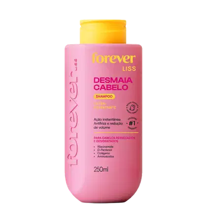 Frasco rosa de 250ml do shampoo ultra-hidratante Desmaia Cabelo da linha Forever Liss, com rótulo destacando ação antifrizz e redução de volume.