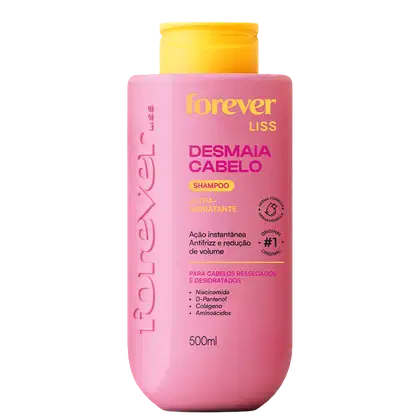 Frasco rosa com rótulo "Forever Liss Desmaia Cabelo" em amarelo, contendo 500ml de shampoo ultra-hidratante para cabelos ressecados e desidratados.