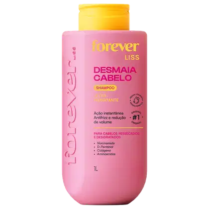 Frasco rosa com rótulo "Forever Liss Desmaia Cabelo" em amarelo, contendo shampoo ultra-hidratante para cabelos ressecados e desidratados, com ingredientes como niacinamida e colágeno.