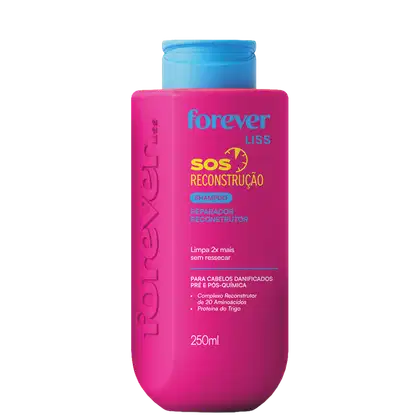 Frasco rosa de 250ml do shampoo reparador reconstrutor SOS da linha Forever Liss, com tampa azul e rótulo destacando os benefícios do produto para cabelos danificados.