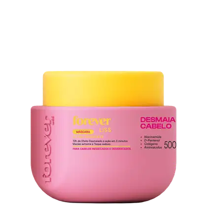 Máscara capilar rosa da linha Forever Liss, com embalagem em formato de pote e rótulo destacando os ingredientes Niacinamida, D-Pantenol, Colágeno e Aminoácidos.
