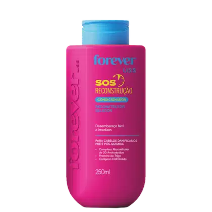 Frasco rosa de 250ml da linha Forever Liss, com rótulo destacando o produto como "SOS Reconstrução", um condicionador reconstrutor selador para cabelos danificados.