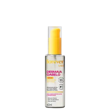 Frasco de 60ml do sérum reparador antifrizz Desmaia Cabelo da marca Forever Liss, com embalagem branca e amarela, contendo informações sobre os ingredientes e benefícios do produto.