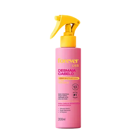 Frasco rosa com rótulo amarelo e laranja da marca Forever Liss, contendo um spray multifuncional para cabelos ressecados e desidratados, com silicones nobres, ácido hialurônico e D-pantenol.