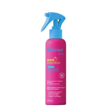 Frasco de spray rosa e azul da linha Forever Liss, com rótulo indicando tratar-se de um leave-in reconstrutor para cabelos danificados pós-química, contendo 20 aminoácidos, proteína do trigo e colágeno hidrolisado.
