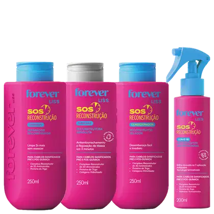 Conjunto de produtos de beleza da linha Forever Liss SOS Reconstrução, incluindo shampoo, máscara e condicionador em embalagens rosa e azul, além de um leave-in reconstrutor em embalagem rosa.