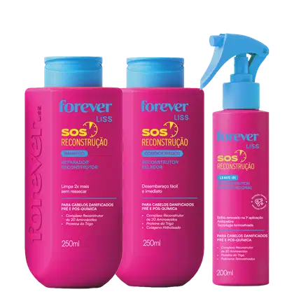 Conjunto de produtos de reconstrução capilar da linha Forever Liss, composto por shampoo, condicionador e leave-in em embalagens rosa e azul, com informações sobre os ingredientes e benefícios.
