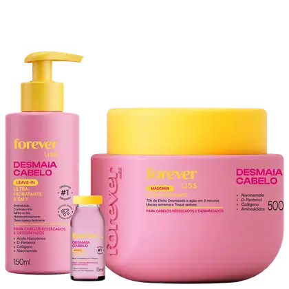Produtos de beleza da marca Forever Liss, incluindo um frasco de leave-in hidratante, um pote de máscara hidratante e uma ampola de tratamento capilar, todos em cores rosa e amarela.